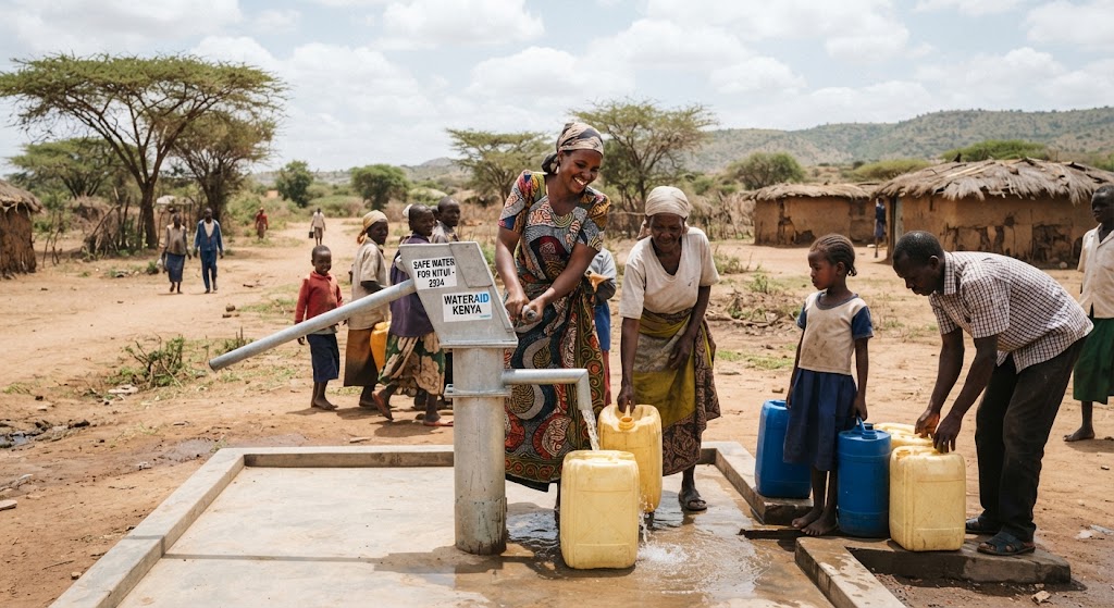 A documentary-style photograph of a newly established water point, with community members using it respectfully and naturally.