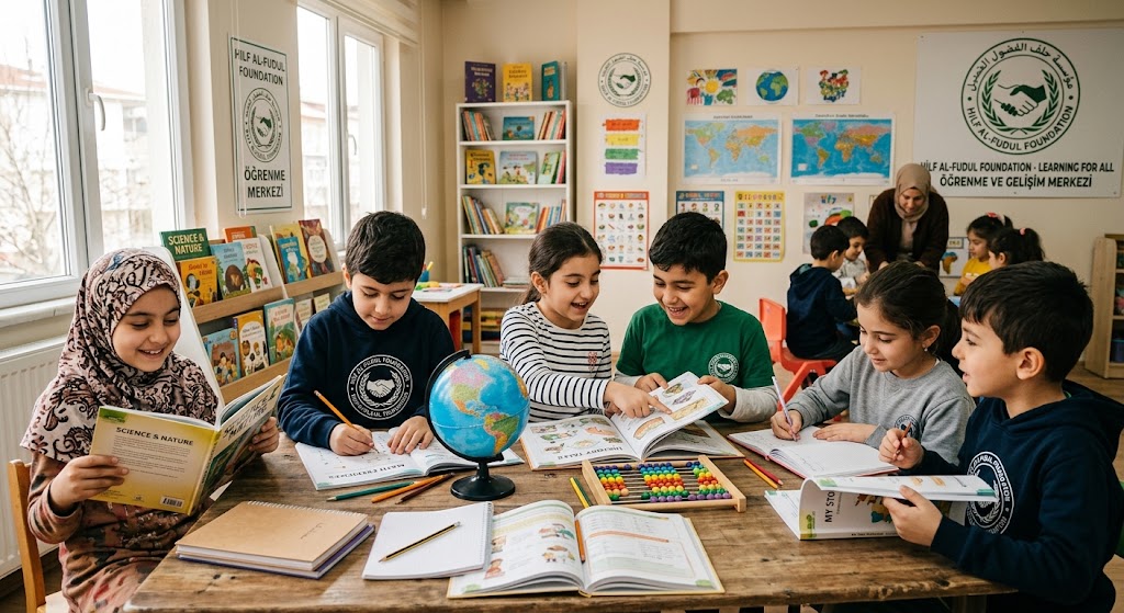 A natural photograph of children working with educational materials under the guidance of educational support in a safe learning environment.
