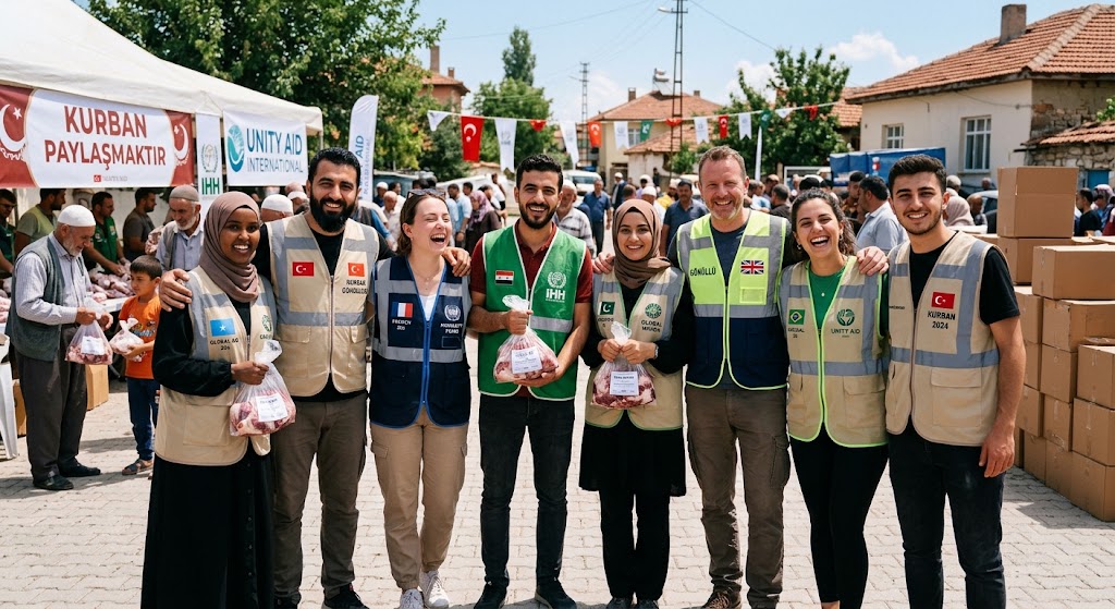 Farklı ülkelerden gönüllülerin kurban dağıtımı sırasında birlikte çalışmasını gösteren samimi bir ekip fotoğrafı 
