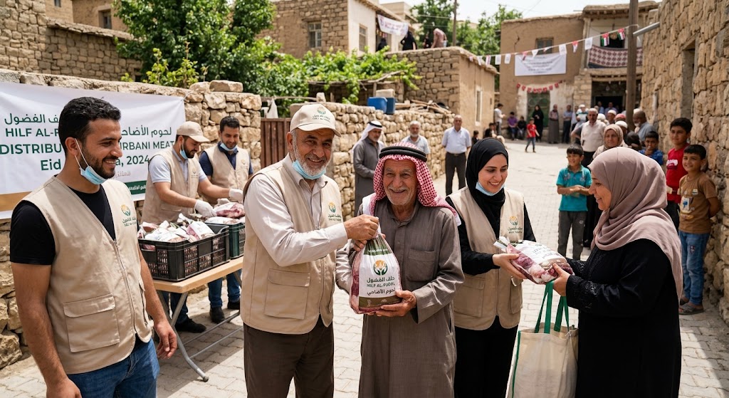 صورة ميدانية طبيعية لمتطوعين يوزعون لحوم الأضاحي باحترام داخل مجتمع محلي.