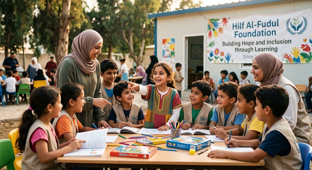 صورة لمجموعة من الأطفال الأيتام في نشاط تعليمي أو مجتمعي مع التركيز على الأمل والتعلم والشمولية.