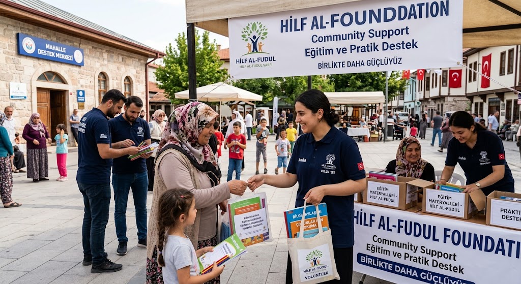 Community support photograph: A natural image showing volunteers providing educational materials or practical support within a local community