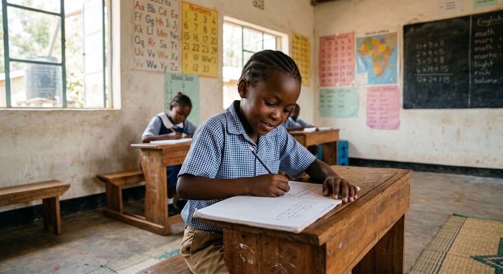 A child studying in a simple classroom or community learning center, photographed naturally without emphasizing hardship.