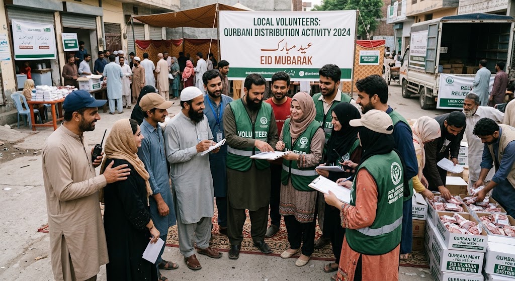 A natural group photograph showing local volunteers coordinating a Qurbani distribution activity.