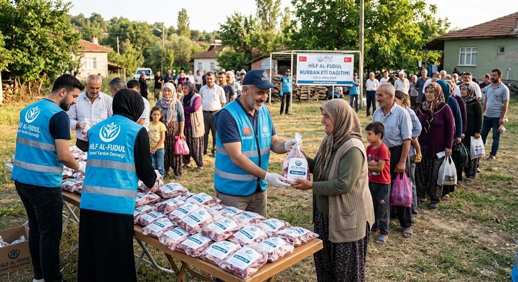 A natural field photograph showing volunteers distributing Qurbani meat respectfully within a local community.