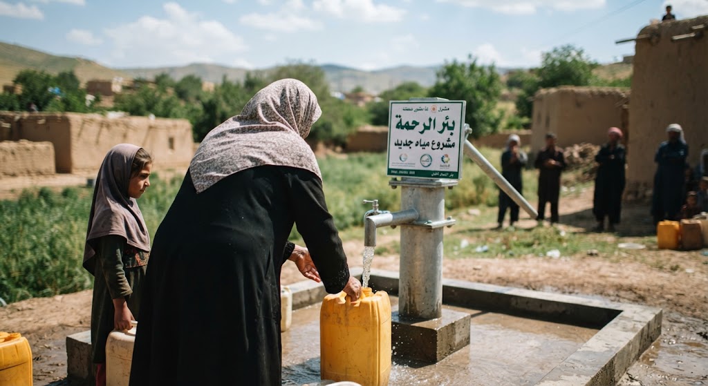 صورة توثق مشروع بئر مياه جديد، مع الحفاظ على خصوصية المستفيدين وكرامتهم.