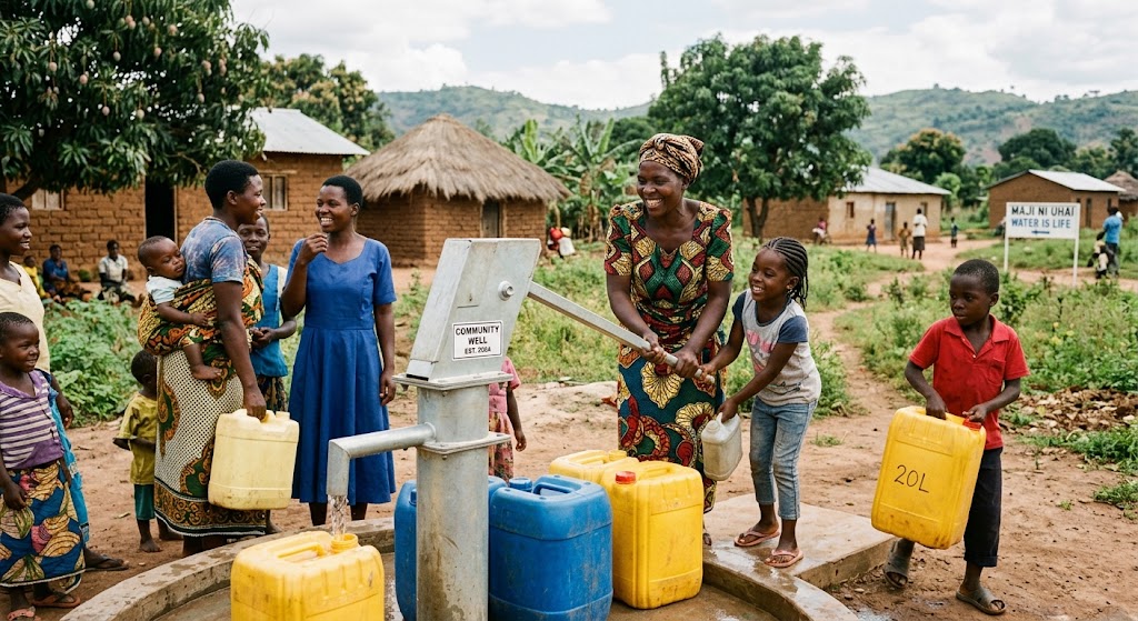 Community Water Well: A respectful documentary-style photograph showing local families accessing water from a newly established well.
