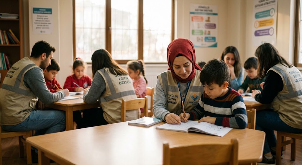 Gönüllülerin yetim çocuklara eğitim desteği sunduğu, mahremiyete saygılı bir saha fotoğrafı.