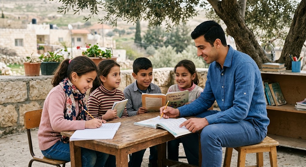 صورة طبيعية للأطفال الأيتام الذين يدرسون مع معلم أو متطوع ، مع التركيز على التعليم والكرامة.