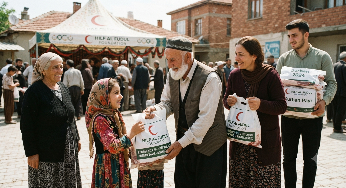 Kurban paylaşımını ve dayanışmayı anlatan, farklı yaşlardan insanların yer aldığı sade bir yardım görseli.