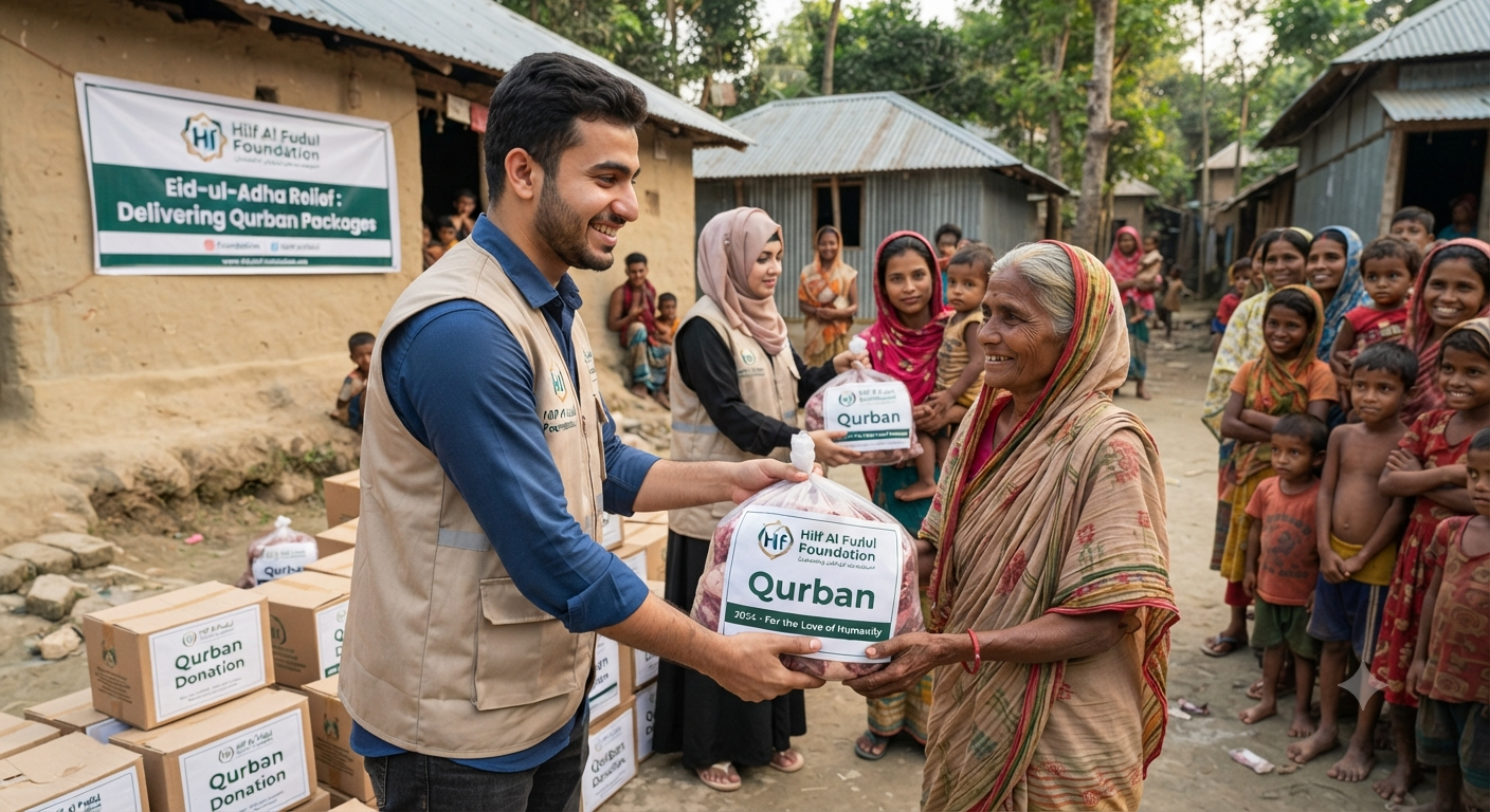 A humanitarian field image showing volunteers delivering Qurban food packages to families.
