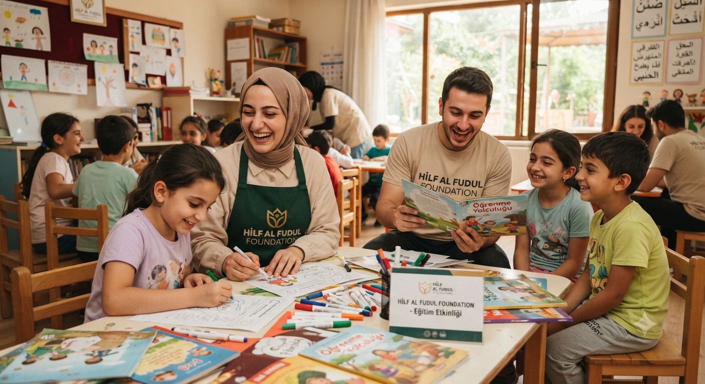 Gönüllülerin Yetim  çocuklarla eğitim etkinliği gerçekleştirdiği sıcak ve gerçekçi bir kare.