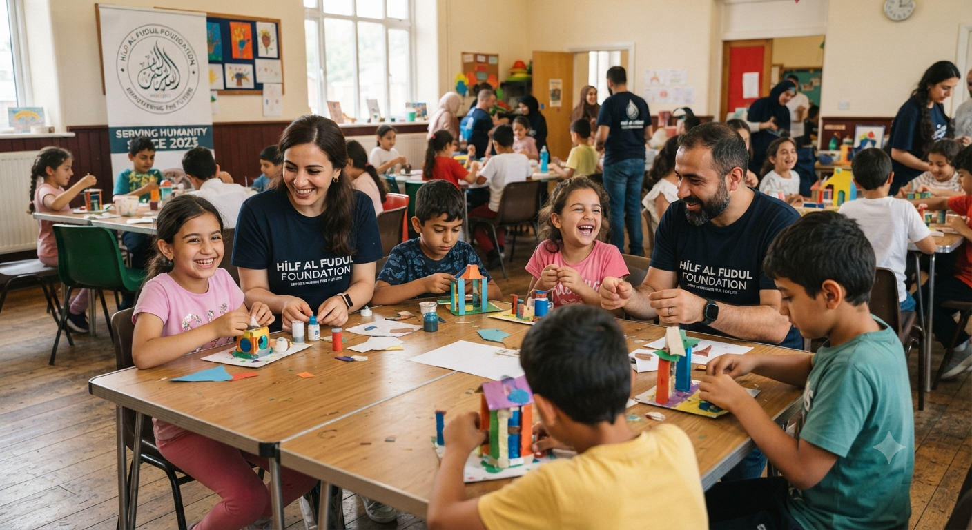 A natural photograph of Orphan children participating in an educational or recreational activity with supportive adults.
