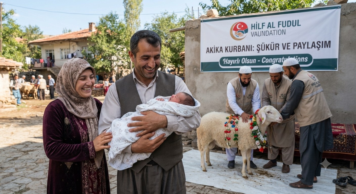 A family photo that cut the qurban  to akika for their children.