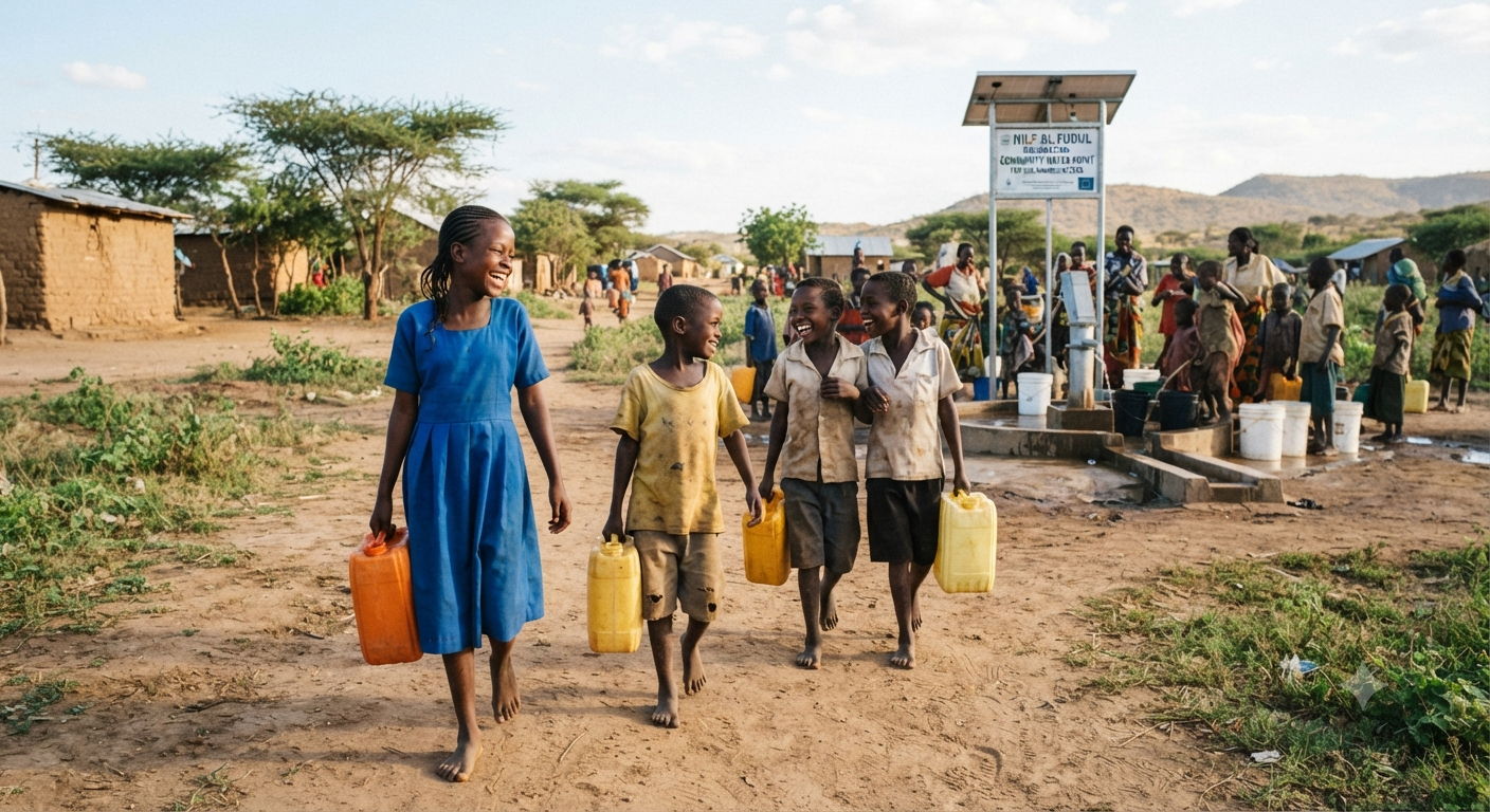 A natural documentary style photo of children as a community water well walk towards the waterpoint made after donation.