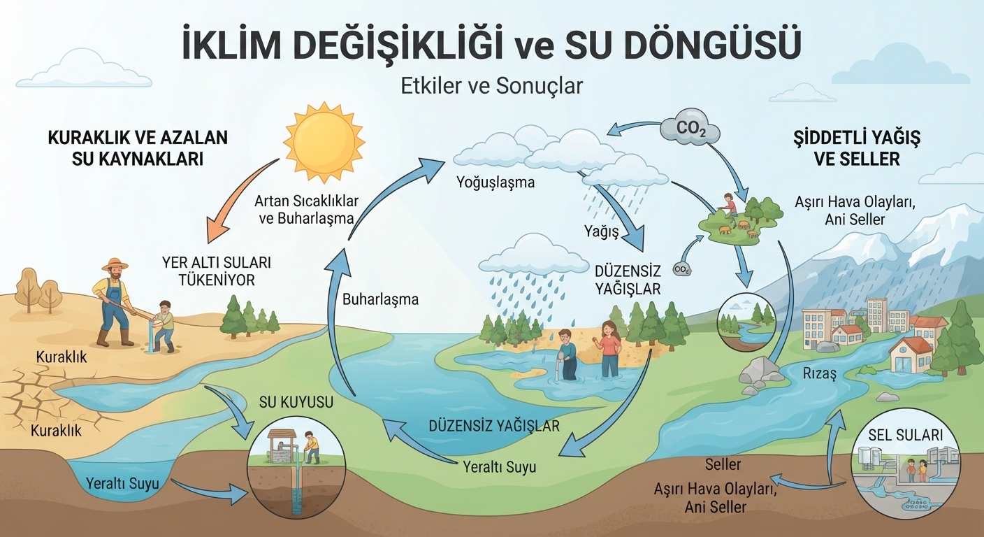 İklim değişikliği ve su döngüsü ilişkisini anlatan sade bir infografik: kuraklık, düzensiz yağış, sel, su kaynakları ve su kuyuları.