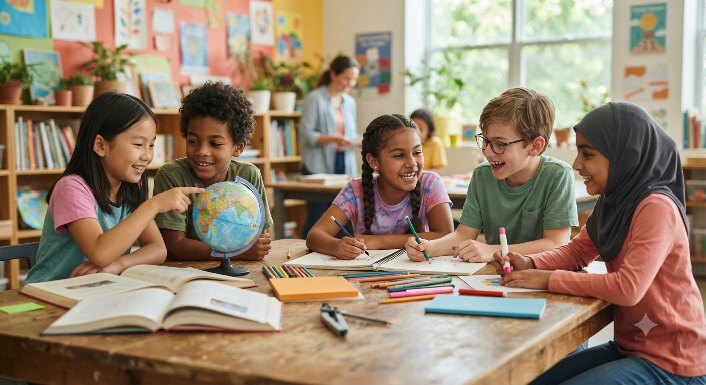 A community education activity showing children learning together respectfully.