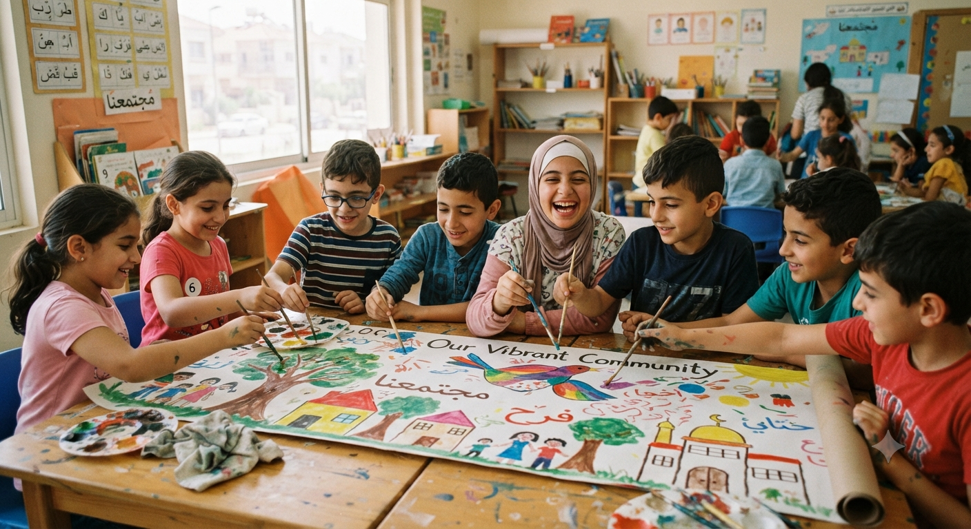 مشهد إنساني لمجموعة أطفال يشاركون في نشاط تعليمي أو مجتمعي.