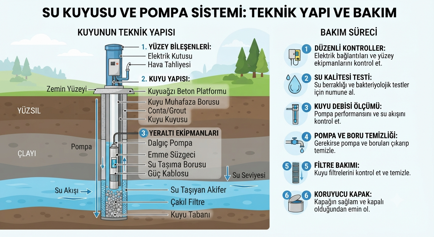 Su kuyusu ve pompa sistemi: Kuyunun teknik yapısını ve bakım sürecini anlatan sade, bilgilendirici bir görsel.