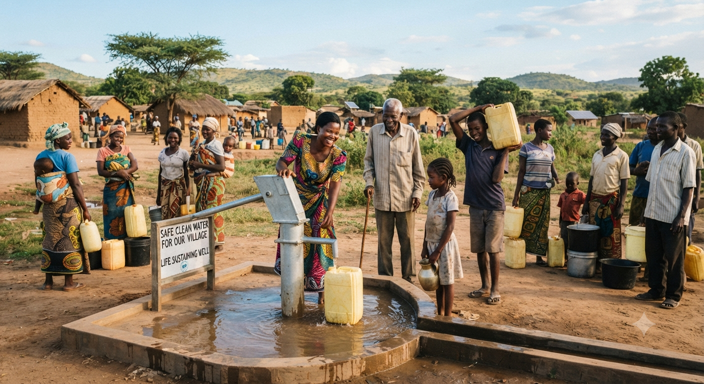 A natural community photo featuring people from different ages that are water from the clean water well.